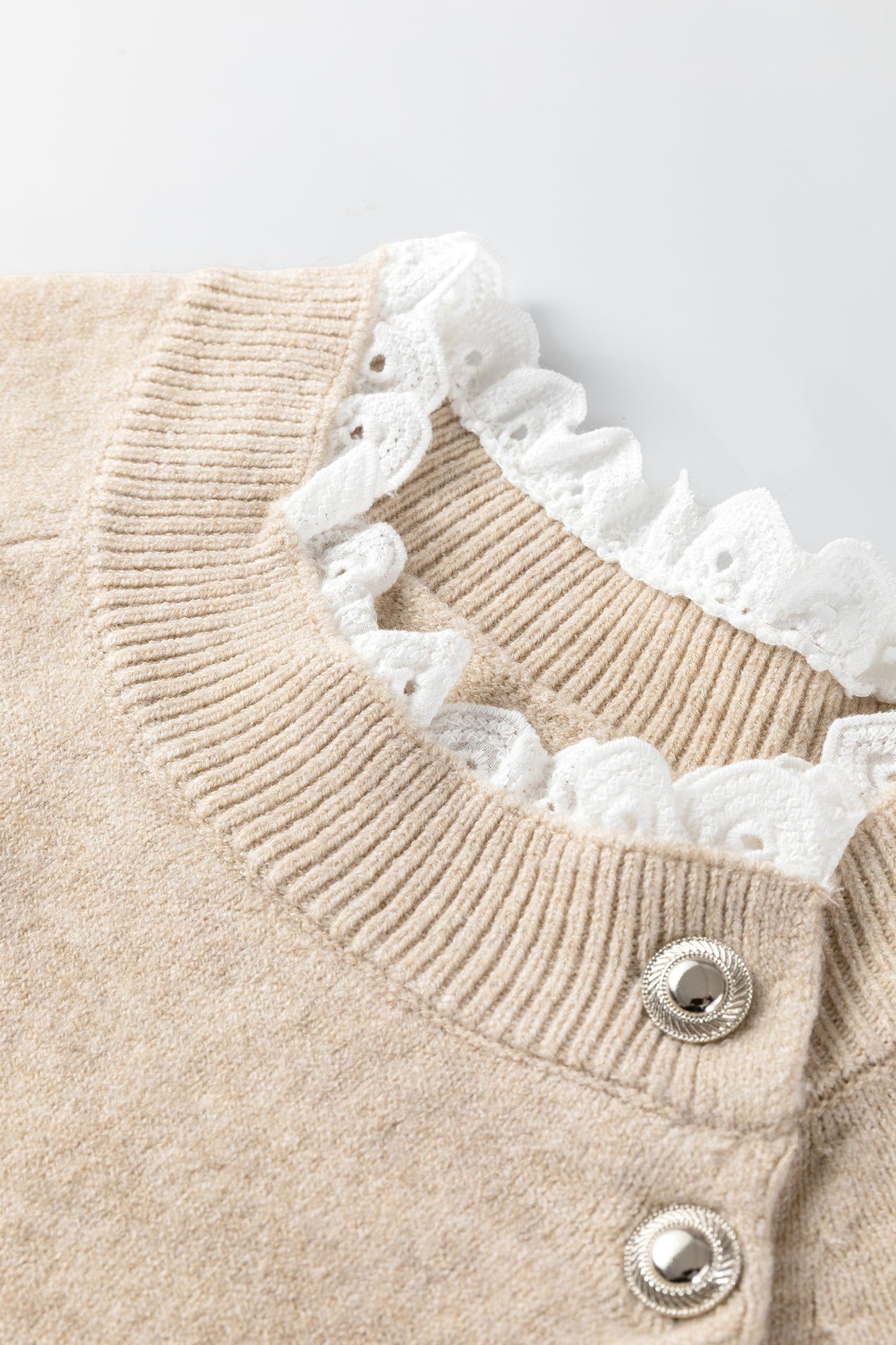 Parchment Button Lace Detail Raglan Sleeve Shift Mini Sweater Dress - Kustom Kreations Goods