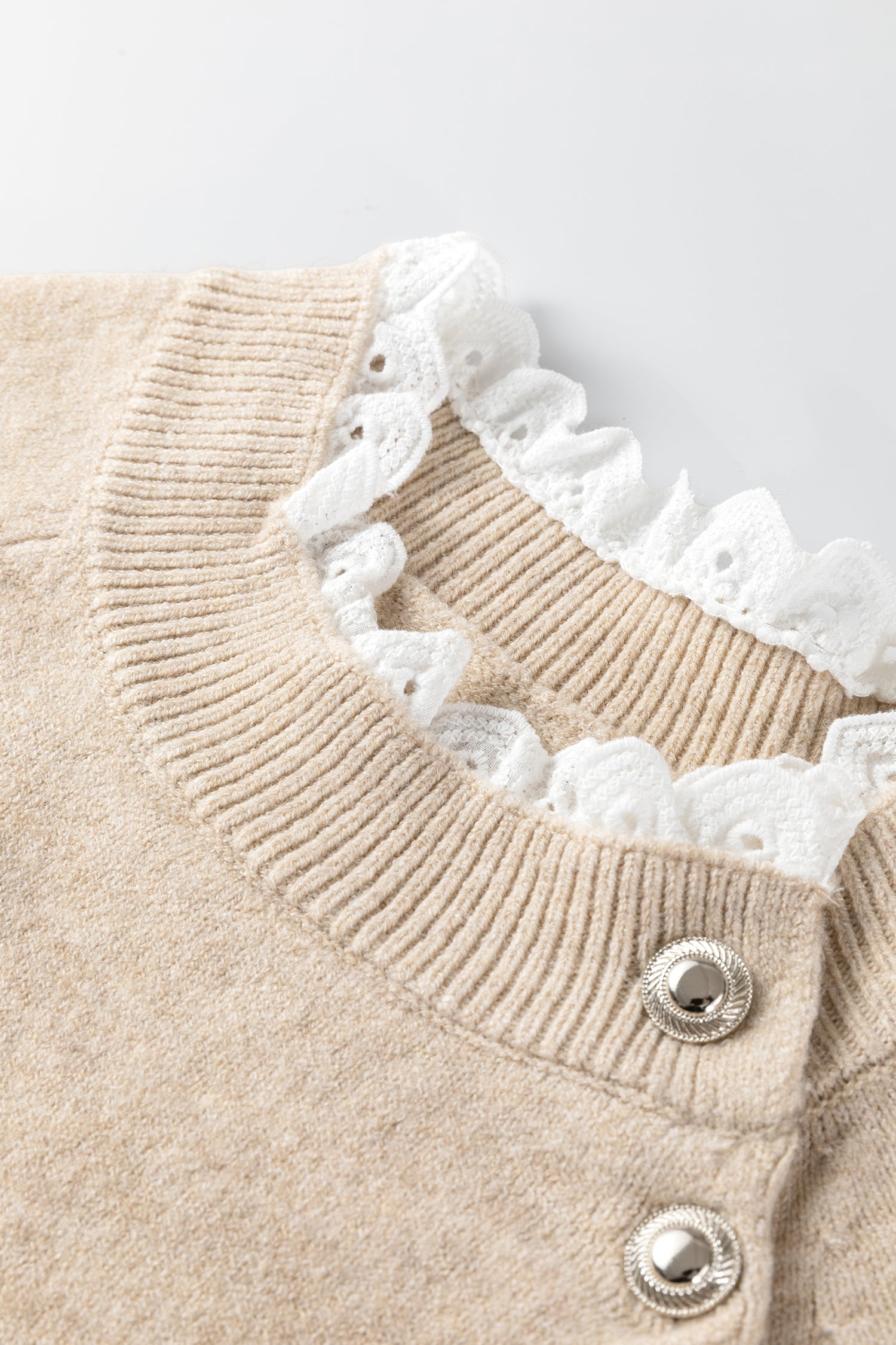 Parchment Button Lace Detail Raglan Sleeve Shift Mini Sweater Dress - Kustom Kreations Goods