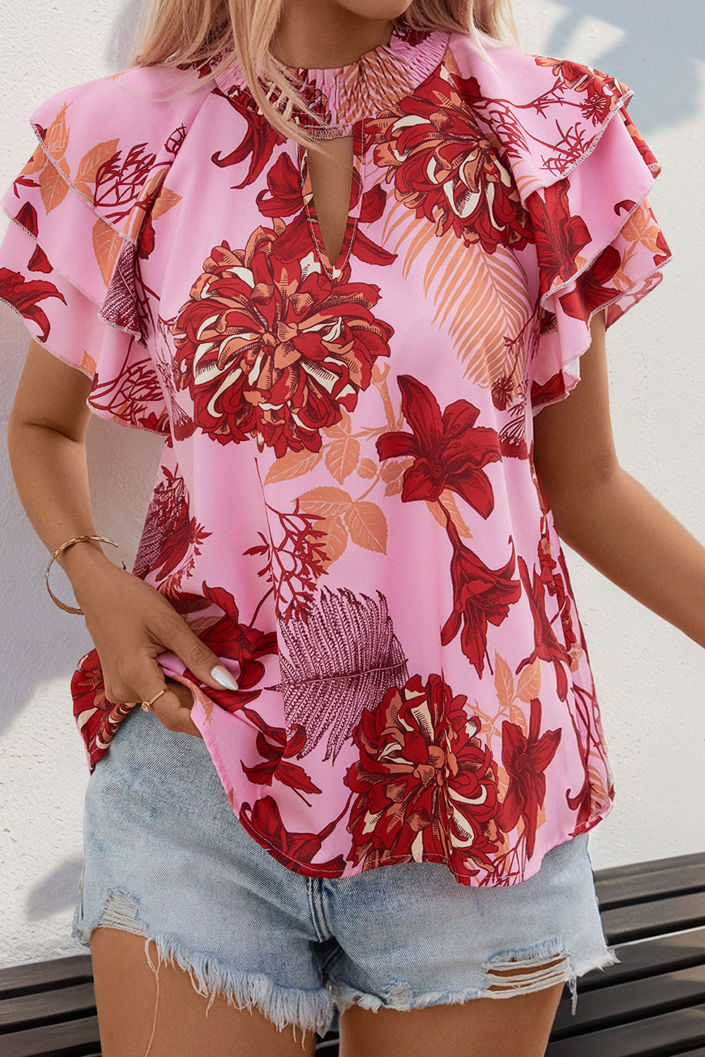 Pink Ruffle Layered Sleeve Smocked Keyhole Neck Blouse