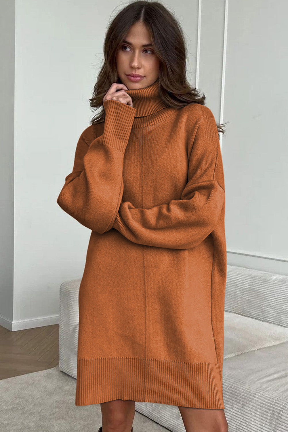 Black Solid Color Turtleneck Drop Shoulder Loose Sweater Dress - Kustom Kreations Goods