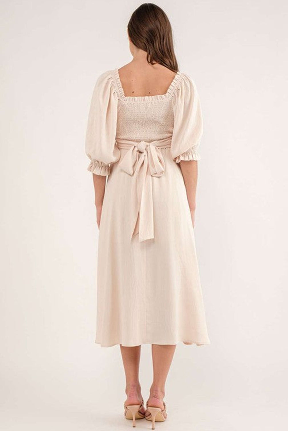 Beige Plain Puff Sleeve Cross Tie Cut Out Maxi Dress