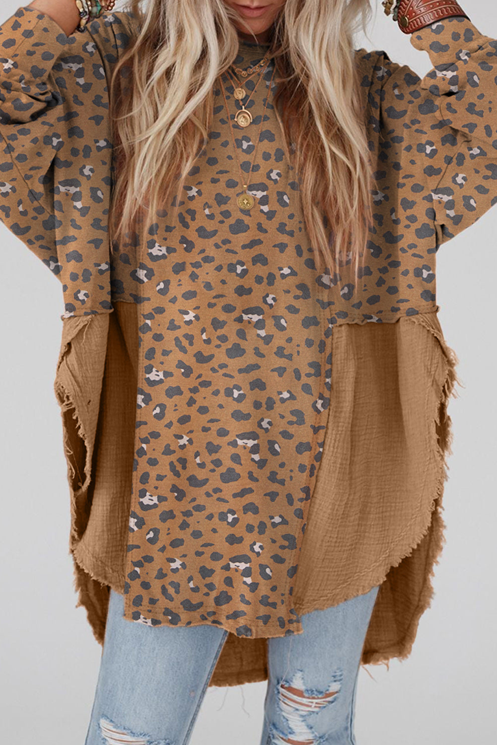 Pink Leopard Patchwork Raw Edge Oversized Top