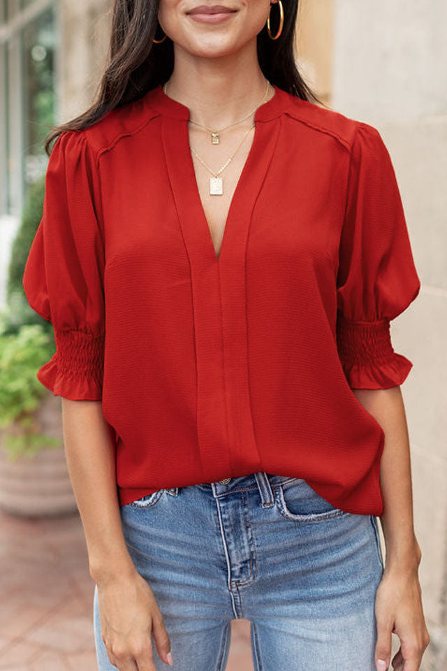 Apricot Solid Puffed Sleeve Shirred V Neck Blouse