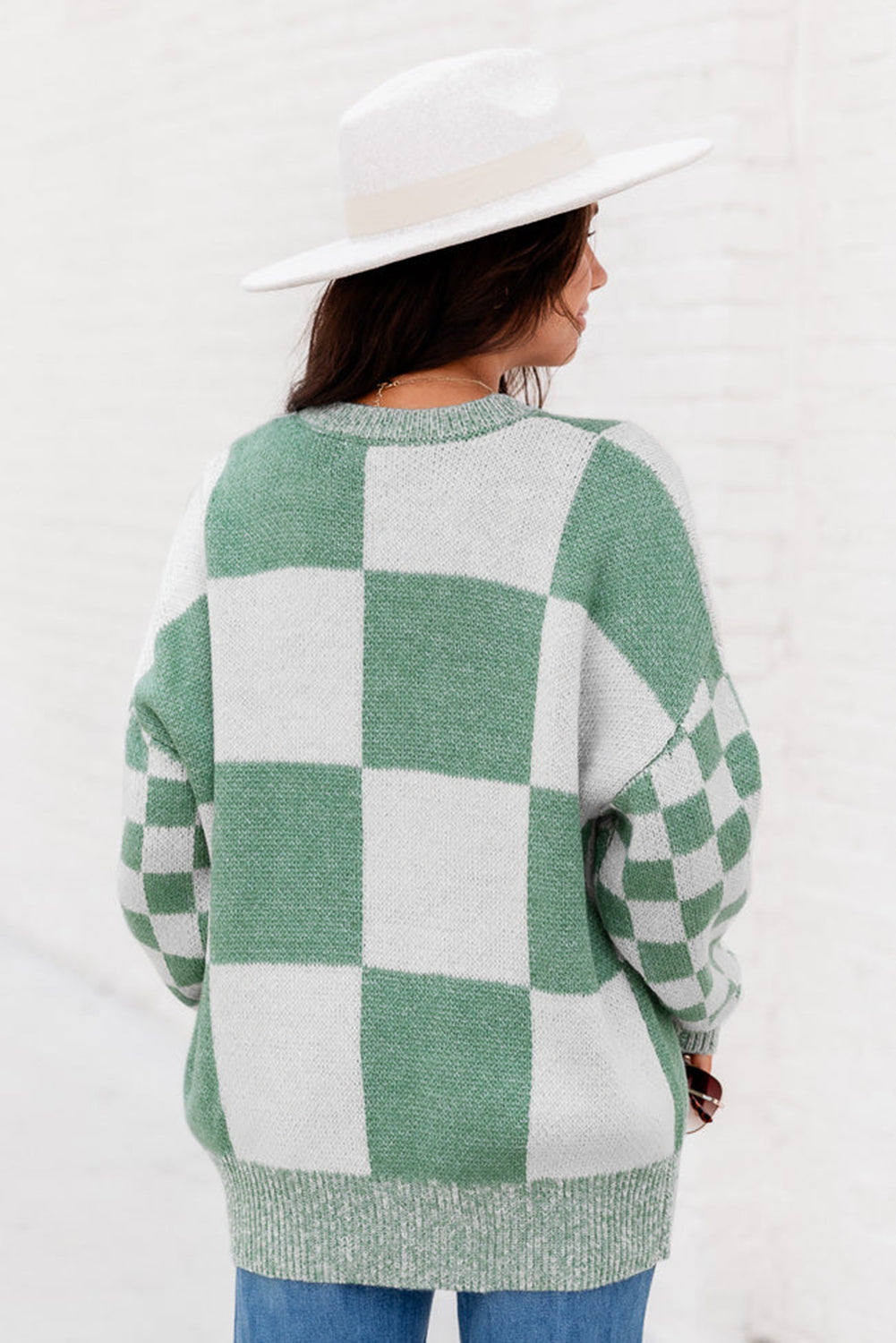 Grey Plaid Knitted Drop Shoulder Loose Fit Sweater