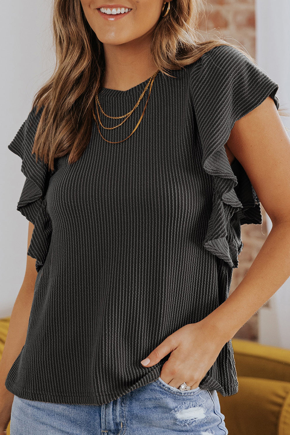 Black Textured Butterfly Sleeve Summer Top for Women