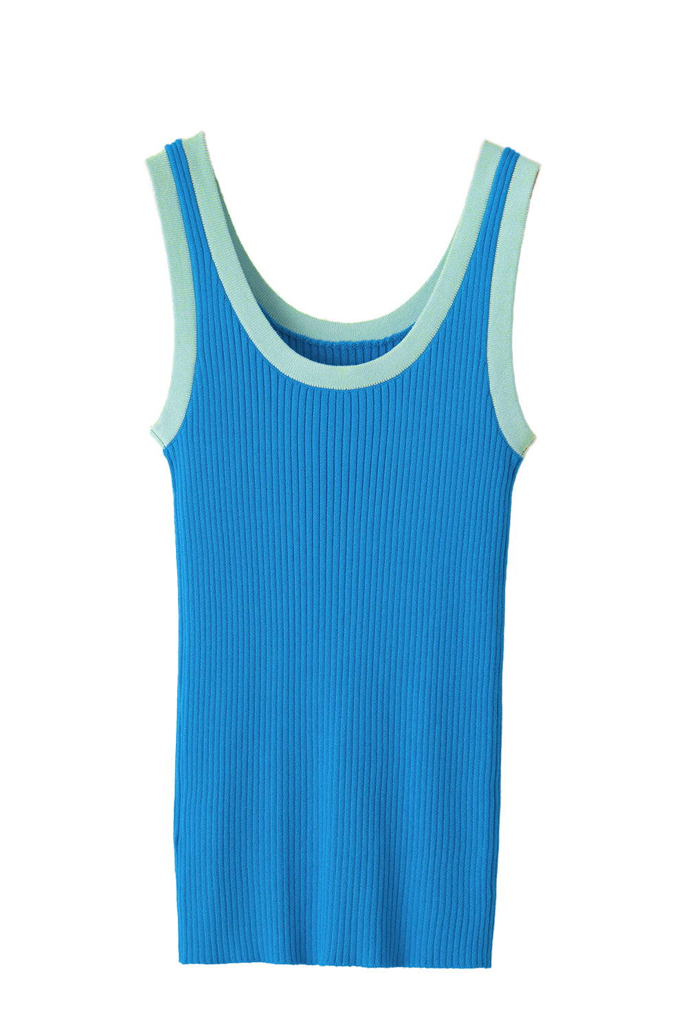 Blue Contrast Trim Ribbed Knit U Neck Tank Top