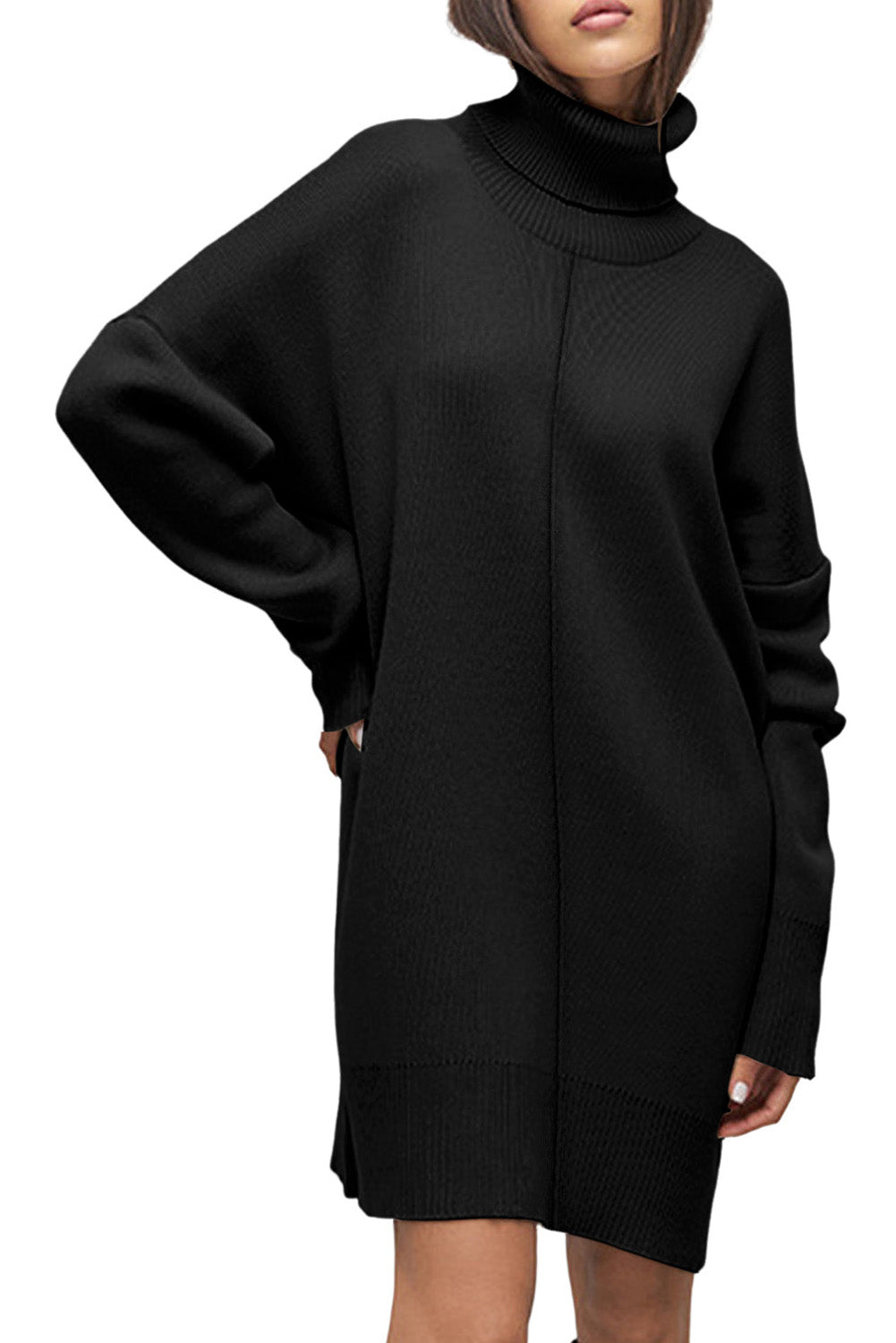 Black Solid Color Turtleneck Drop Shoulder Loose Sweater Dress - Kustom Kreations Goods