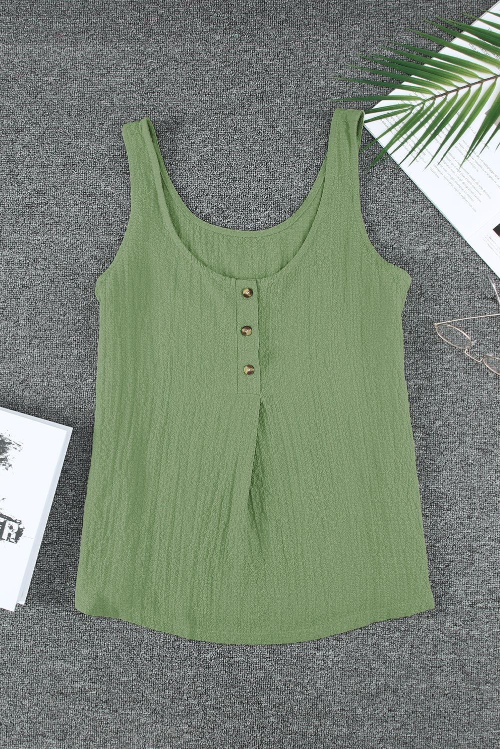 White Scoop Neck Loose Fit Button Front Tank Top for Women