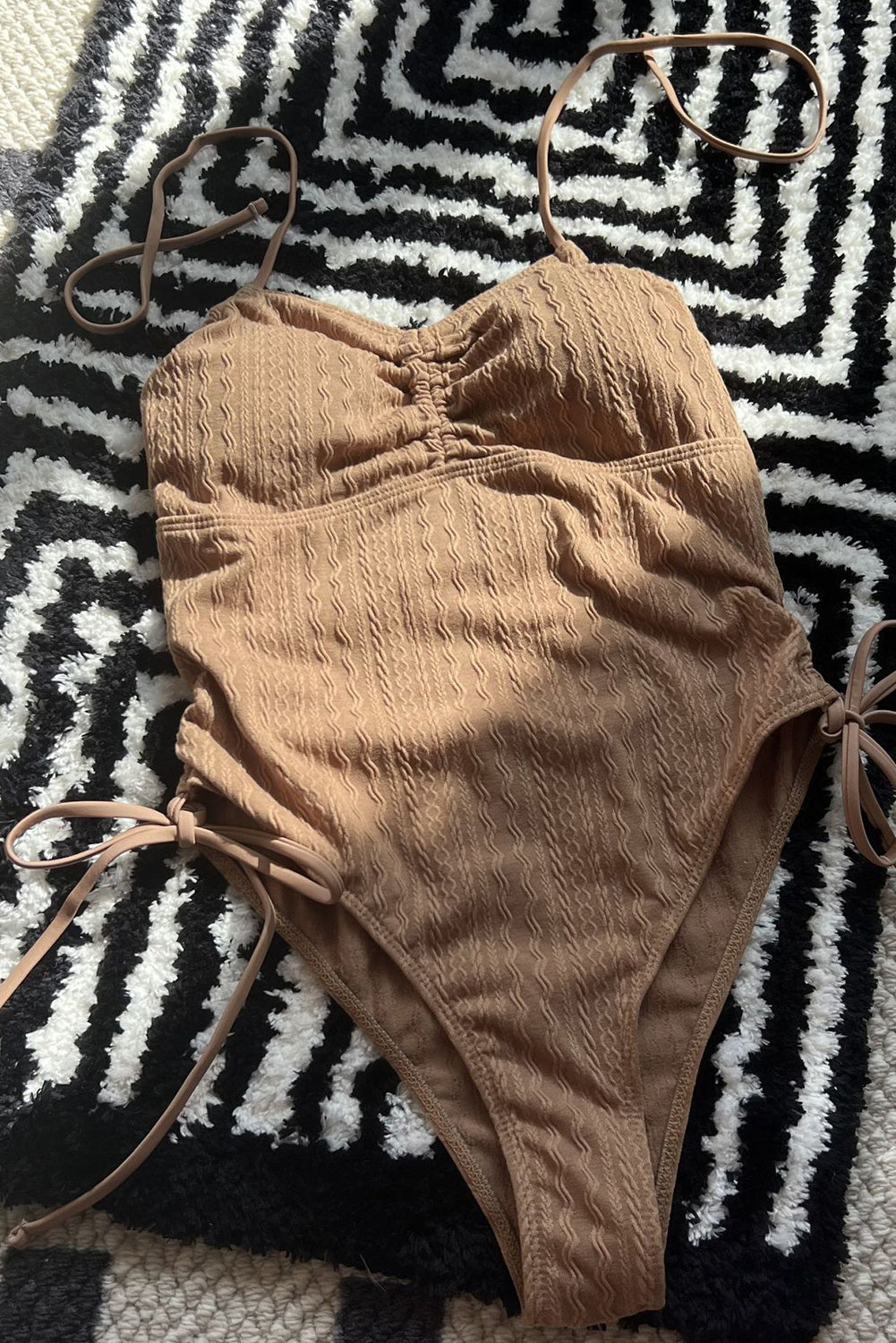 Camel Textured Ruched Bust Drawstring Side One Piece Swimwear