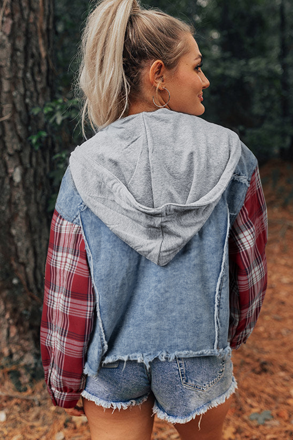 Beau Blue Plaid Print Patchwork Hooded Raw Hem Denim Jacket - Kustom Kreations Goods