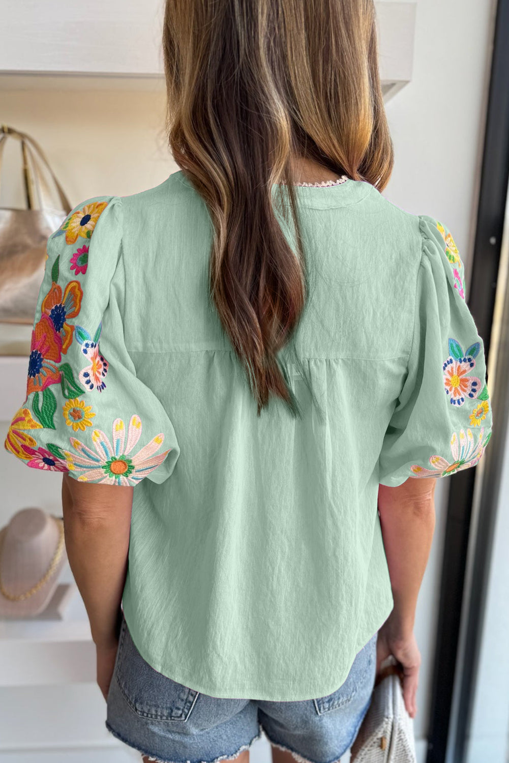 Beau Blue Floral Embroidered Puff Sleeve Split Neck Blouse - Kustom Kreations Goods