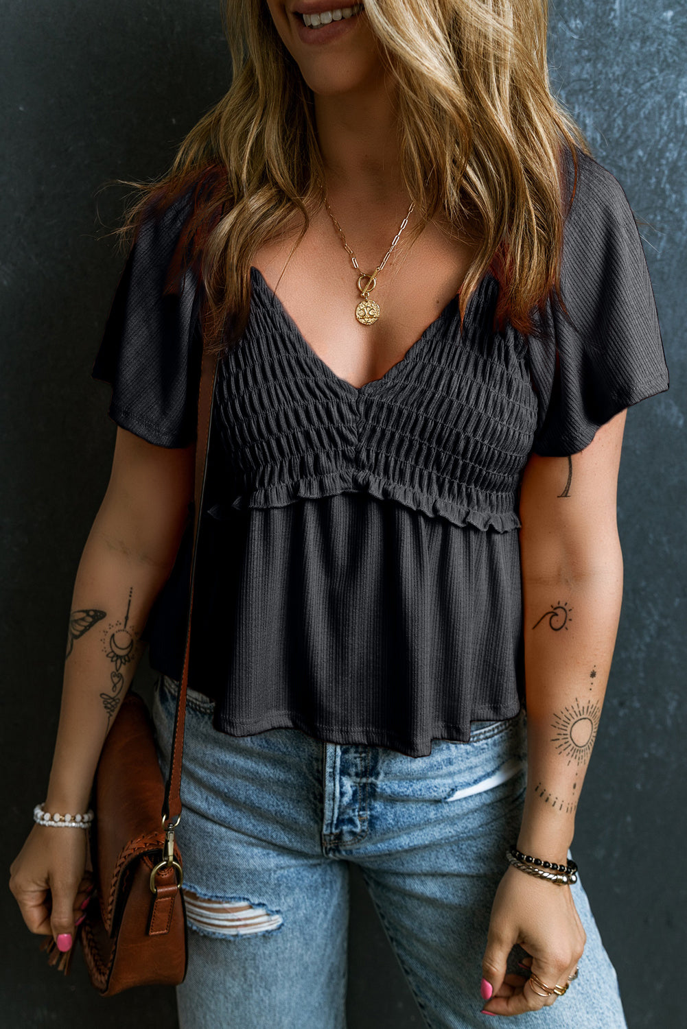 Oatmeal Shirred V Neck Short Flutter Sleeve Textured Blouse