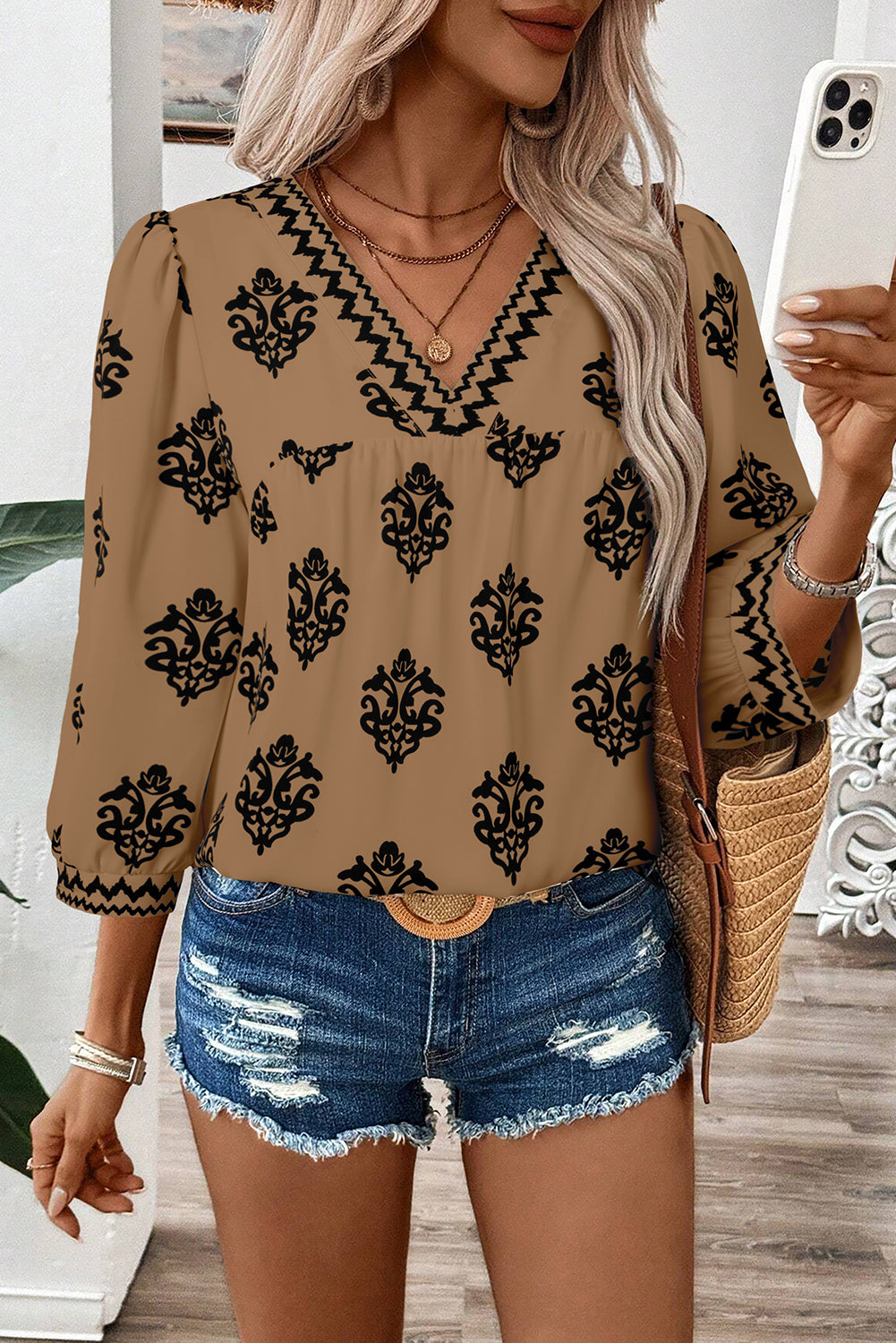 Green Damask Floral Print Contrast V Neck 3/4 Sleeve Blouse - Kustom Kreations Goods