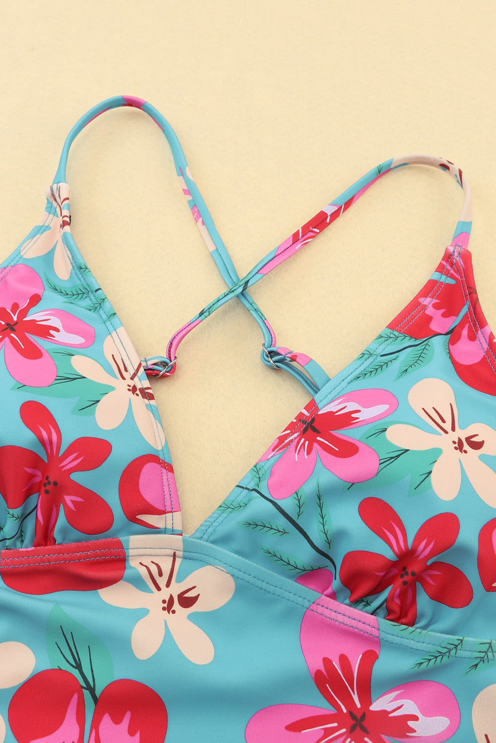 Sky Blue Flower Print Open Back One-piece Swimwear