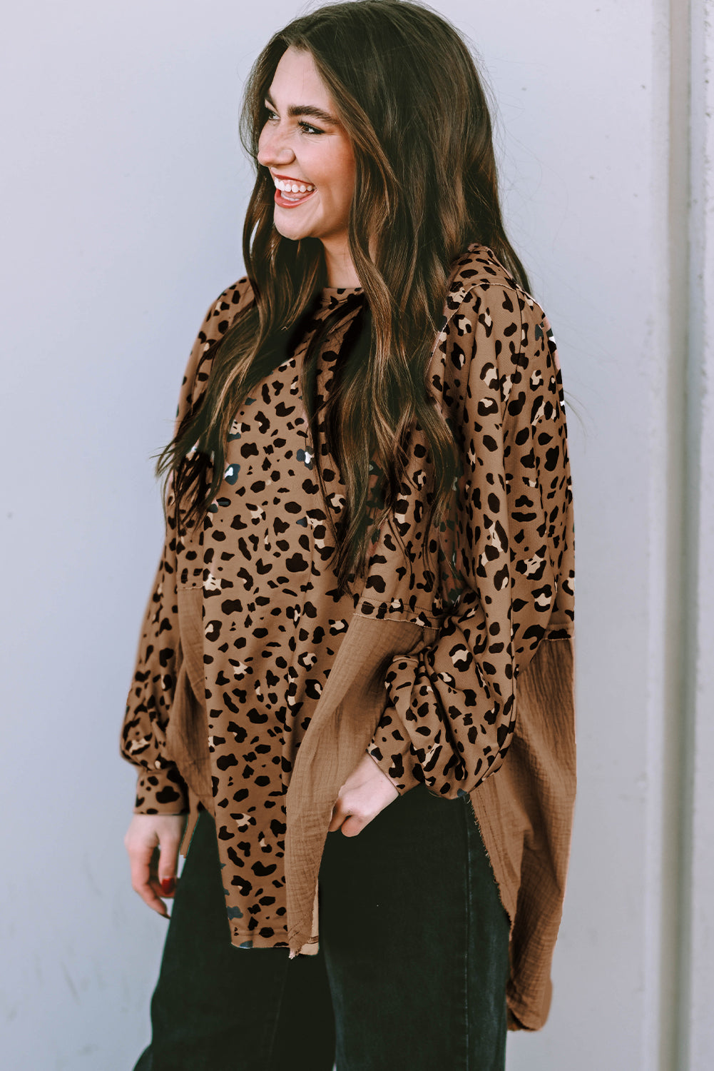 Pink Leopard Patchwork Raw Edge Oversized Top