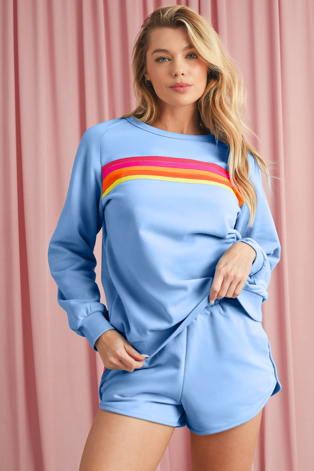 Black Colorful Striped Long Sleeve Pullover and Shorts Set - Kustom Kreations Goods