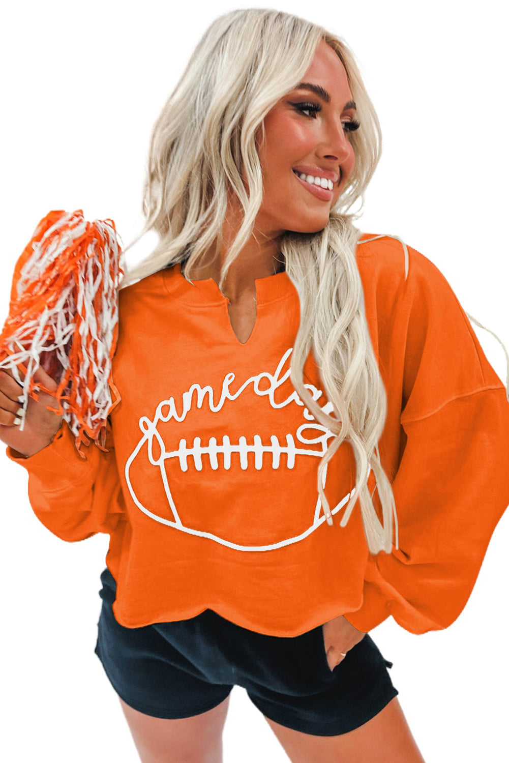 Bright White Game Day Lettering Rugby Notched Neck Cropped Sweatshirt
