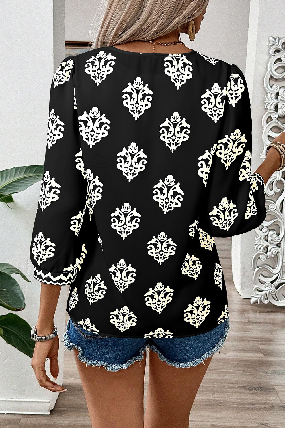Green Damask Floral Print Contrast V Neck 3/4 Sleeve Blouse - Kustom Kreations Goods