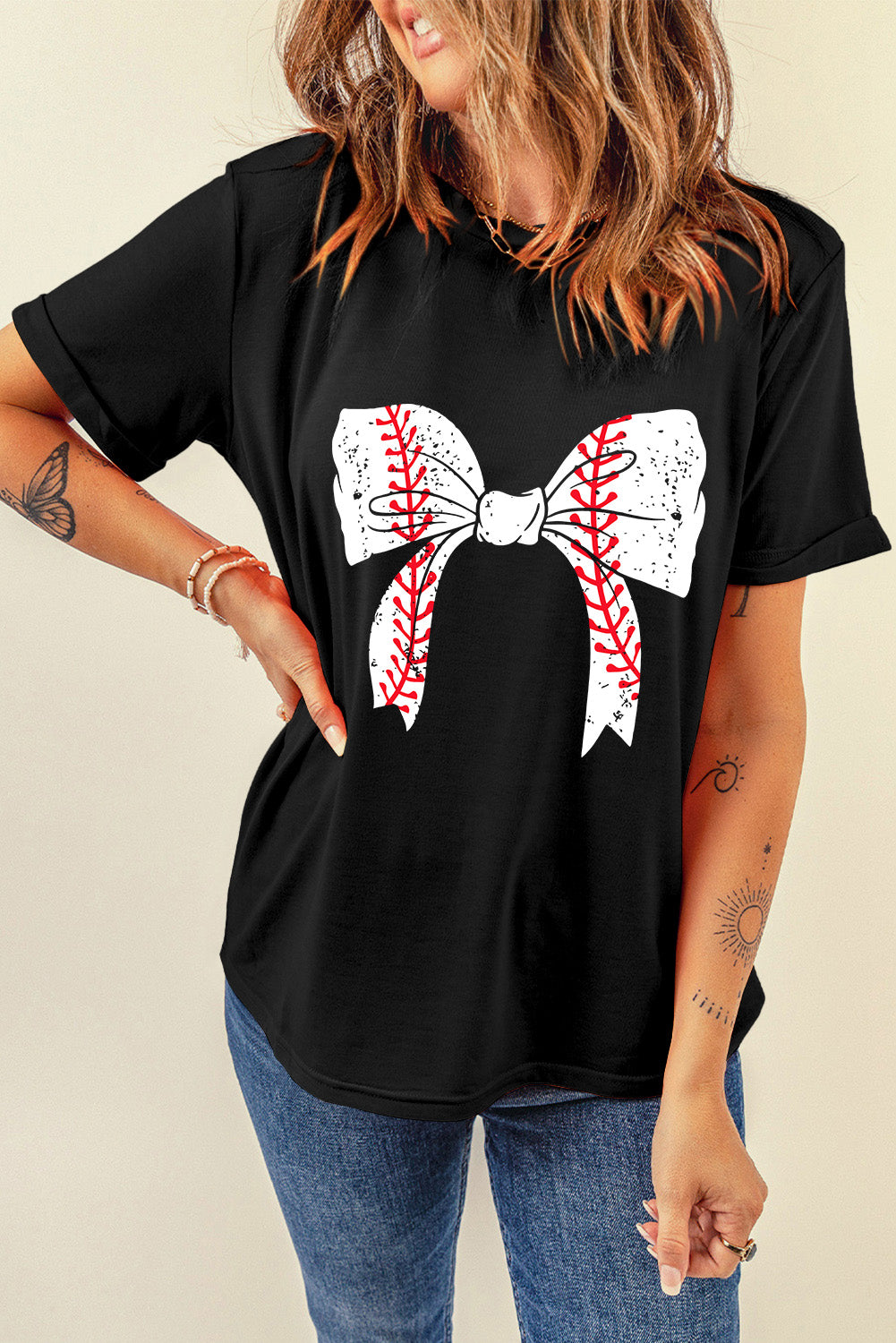 Black Baseball Bowknot Graphic Roll Up Sleeve Tee - Kustom Kreations Goods