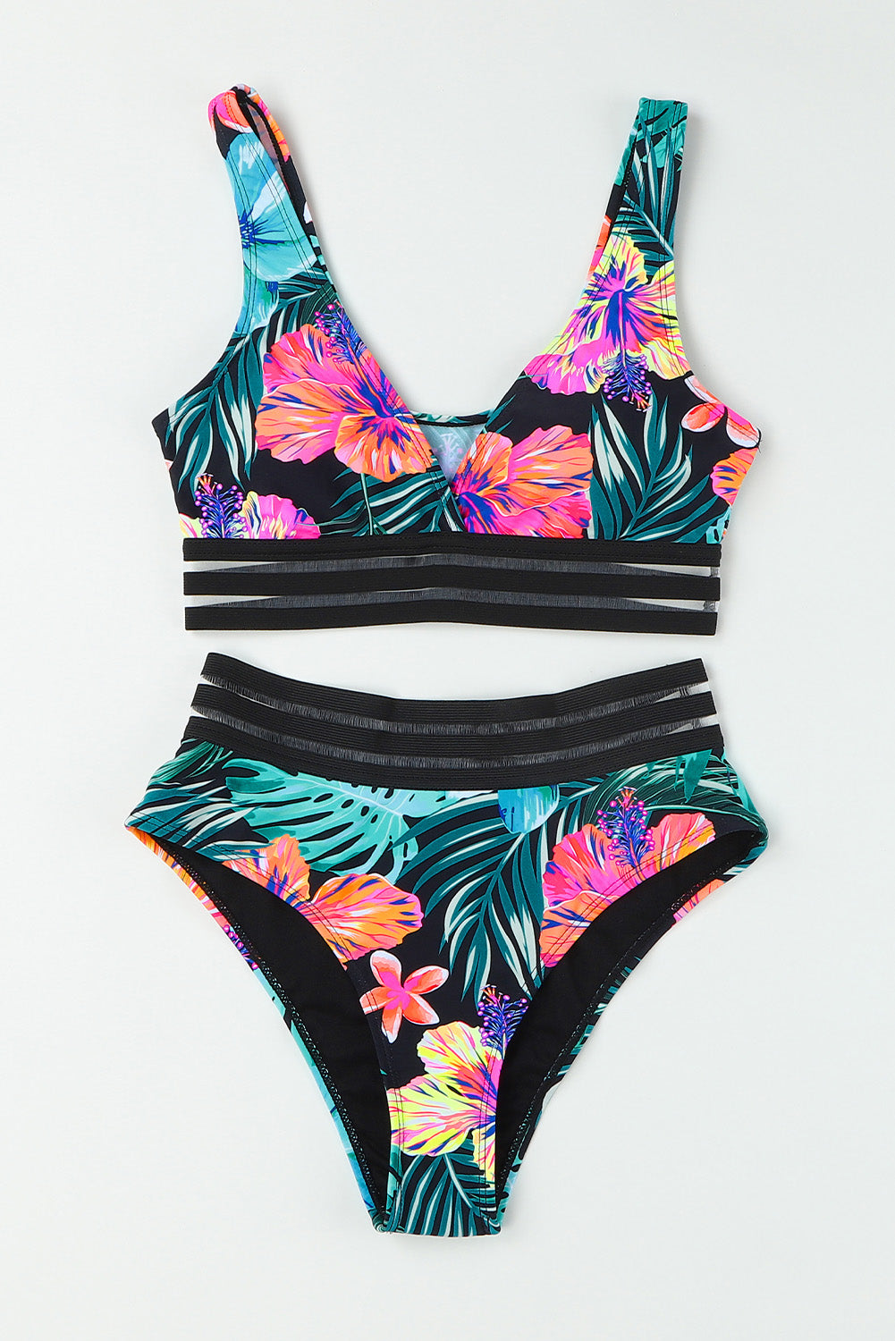 Green Tropical Floral Print Mesh Splicing Trim Bikini Swimsuit