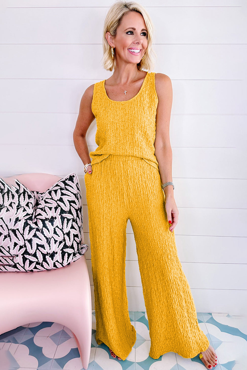 Yellow Crinkled U Neck Tank and Wide Leg Pants Set