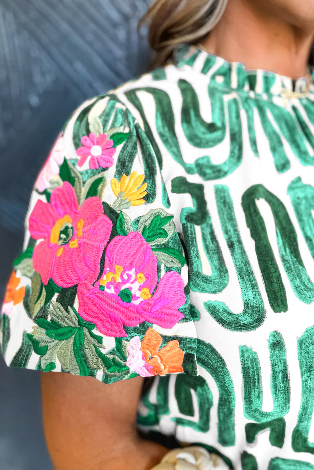 Beige Abstract Floral Print Frilled Neck Puff Sleeve Blouse - Kustom Kreations Goods