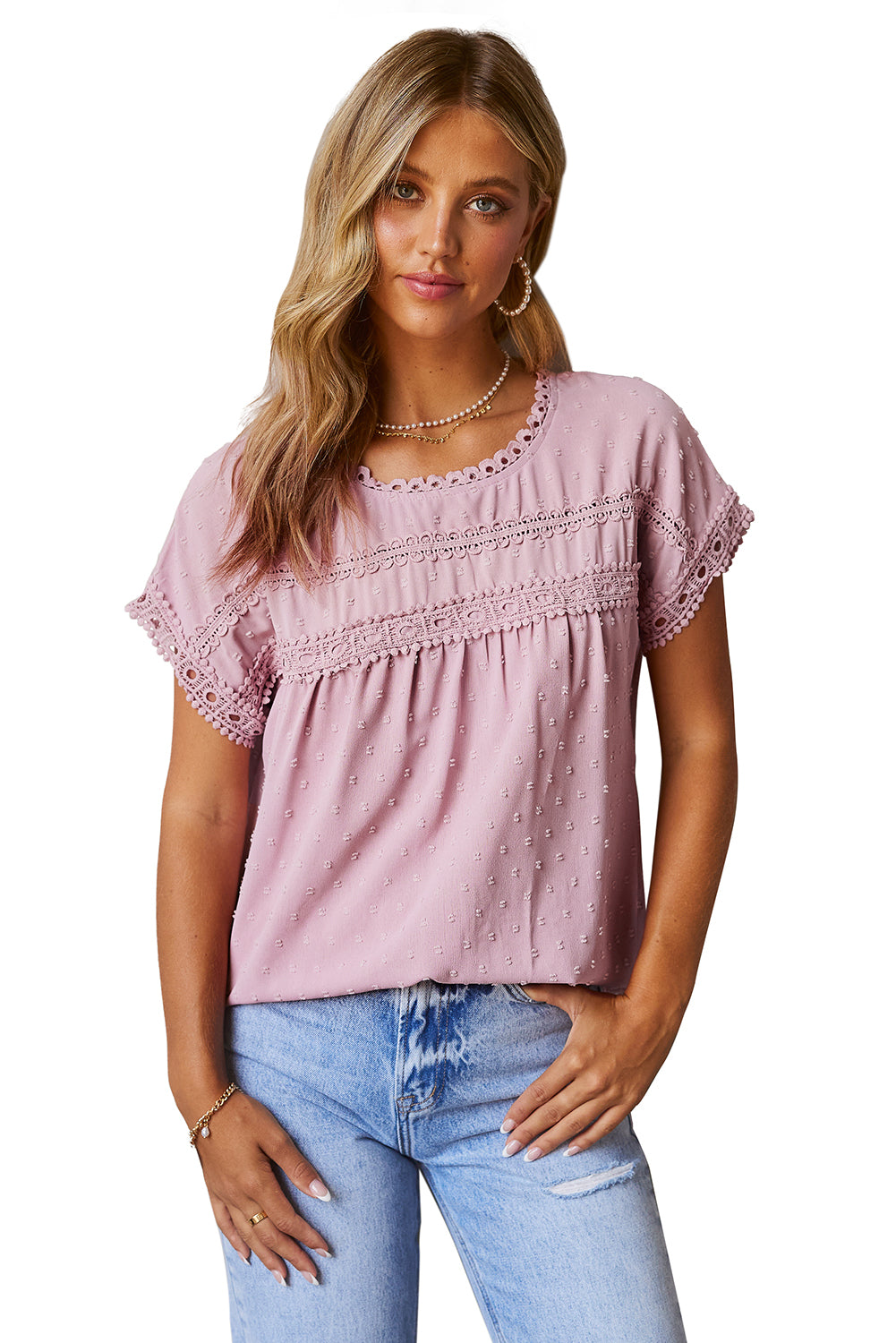 Apricot Swiss Dot Crochet Eyelet Back Button Detail Blouse