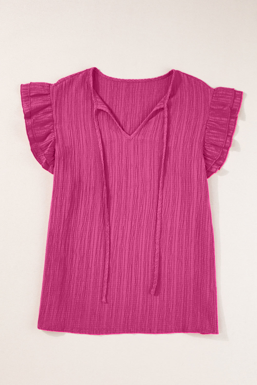 Rose Red Textured Tie Neck Ruffle Sleeve Blouse
