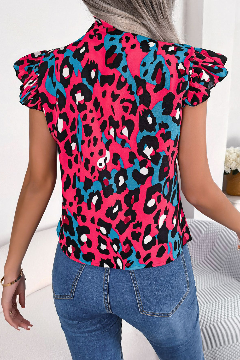 Rose Leopard Print Lace Up Neck Flutter Sleeve Blouse