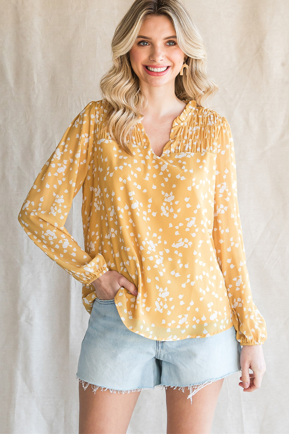 Yellow Frill Split V Neck Boho Crinkled Blouse