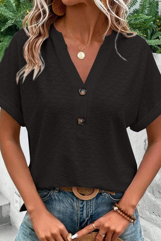 Black Button V Neck Eyelet Solid Color Blouse