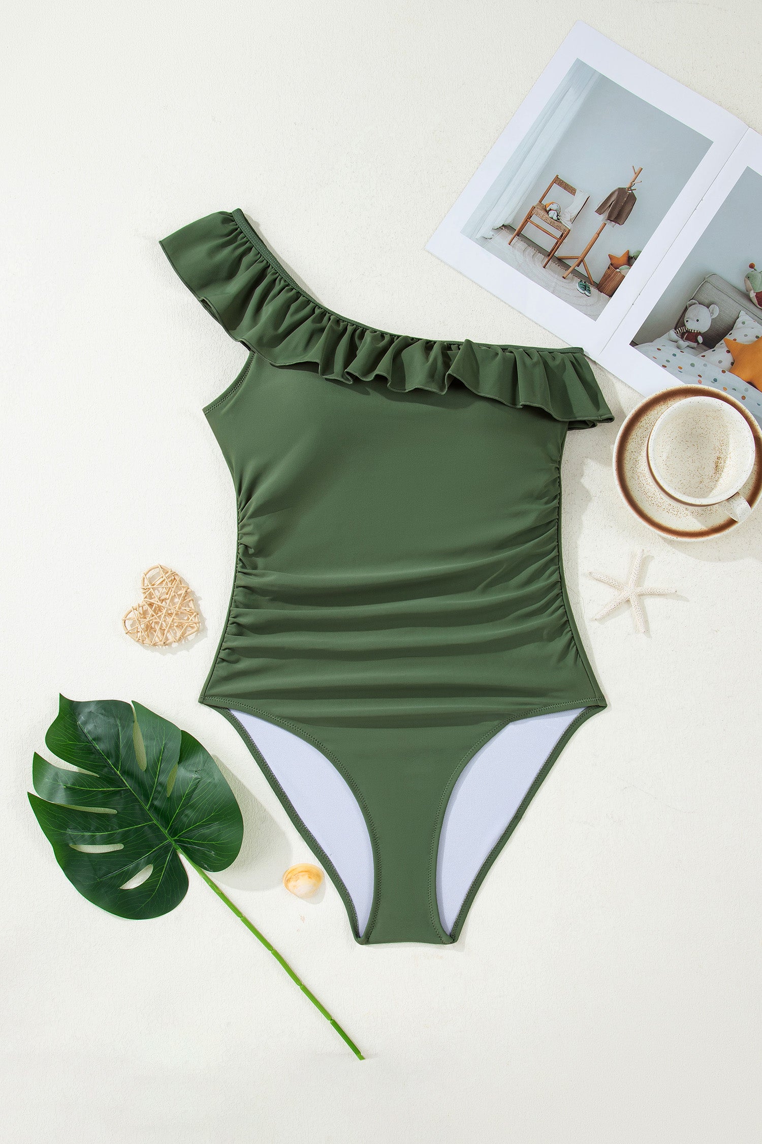 Color Black Solid Color Ruffle Trim Asymmetric Neck One Piece Swimsuit - Kustom Kreations Goods