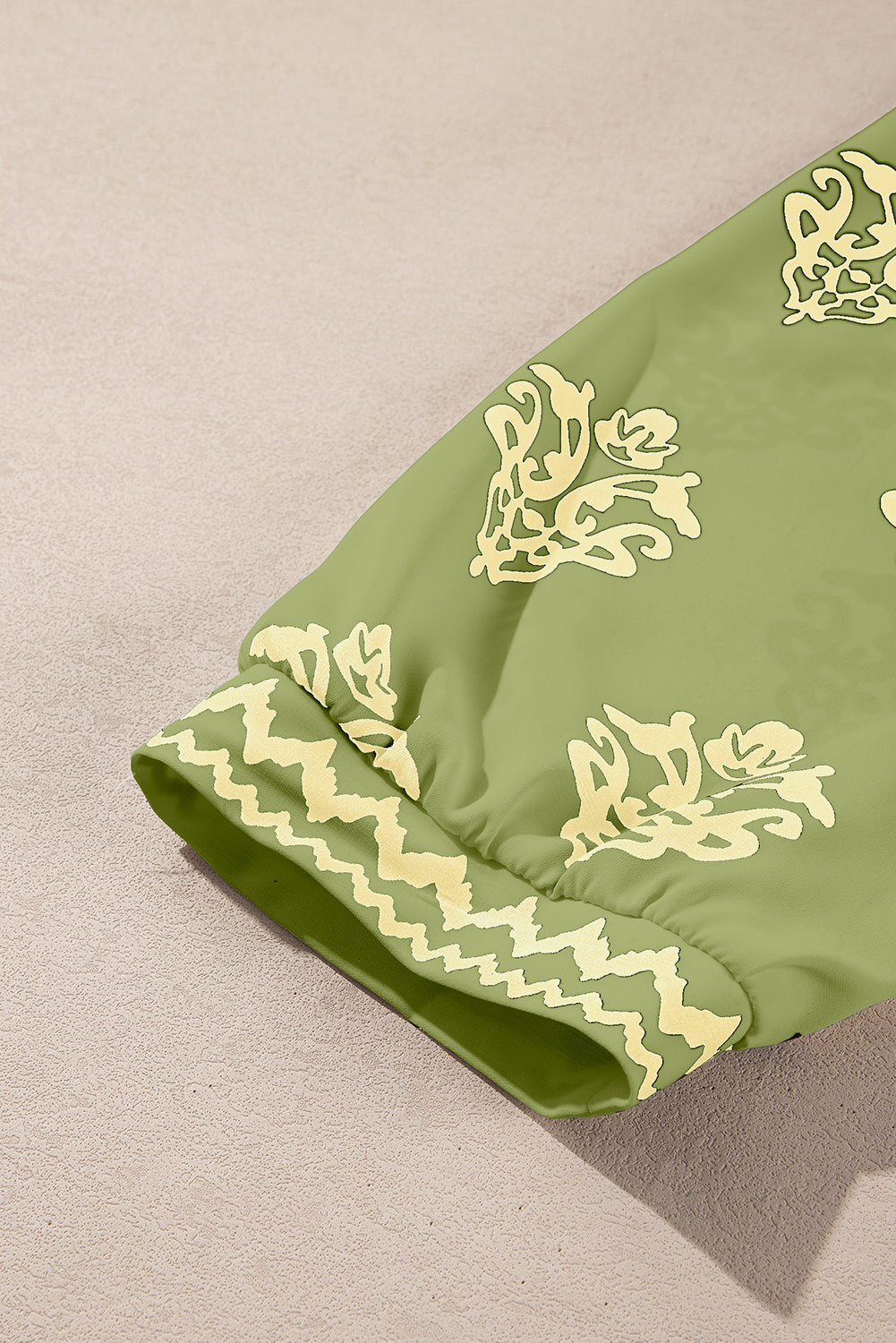 Green Damask Floral Print Contrast V Neck 3/4 Sleeve Blouse - Kustom Kreations Goods