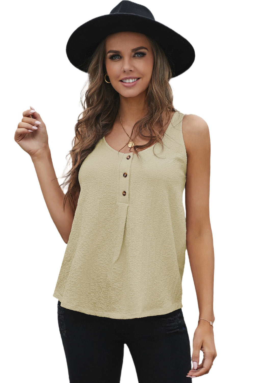 White Scoop Neck Loose Fit Button Front Tank Top for Women