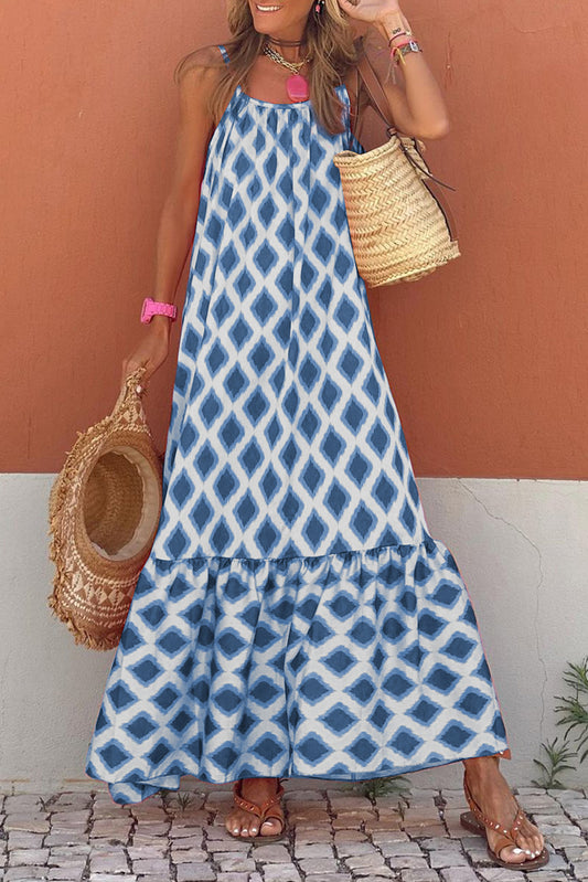 Blue Geometric Print Loose Fit Sleeveless Maxi Dress