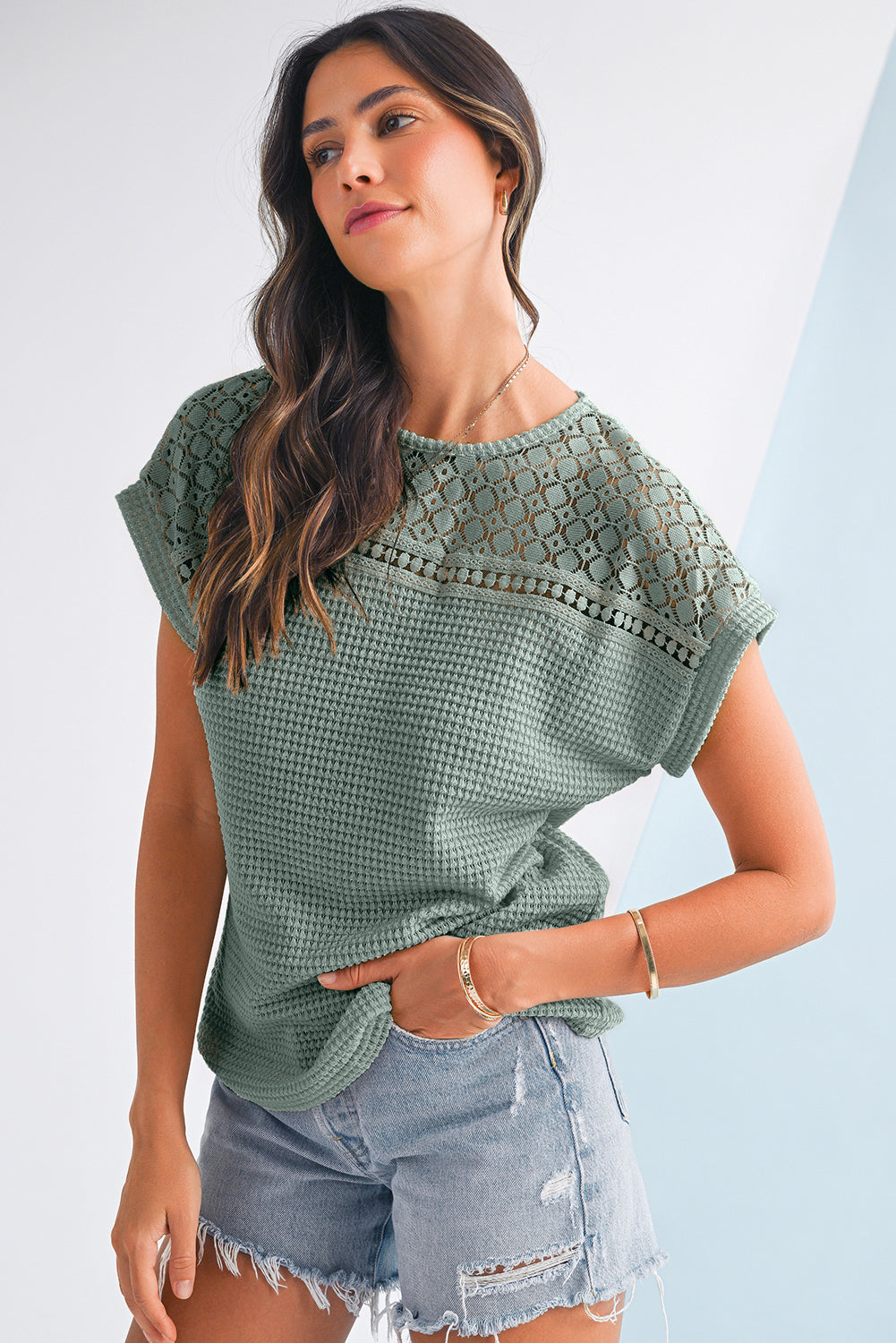 Mist Green Hollow Patchwork Waffle Knit Top - Kustom Kreations Goods