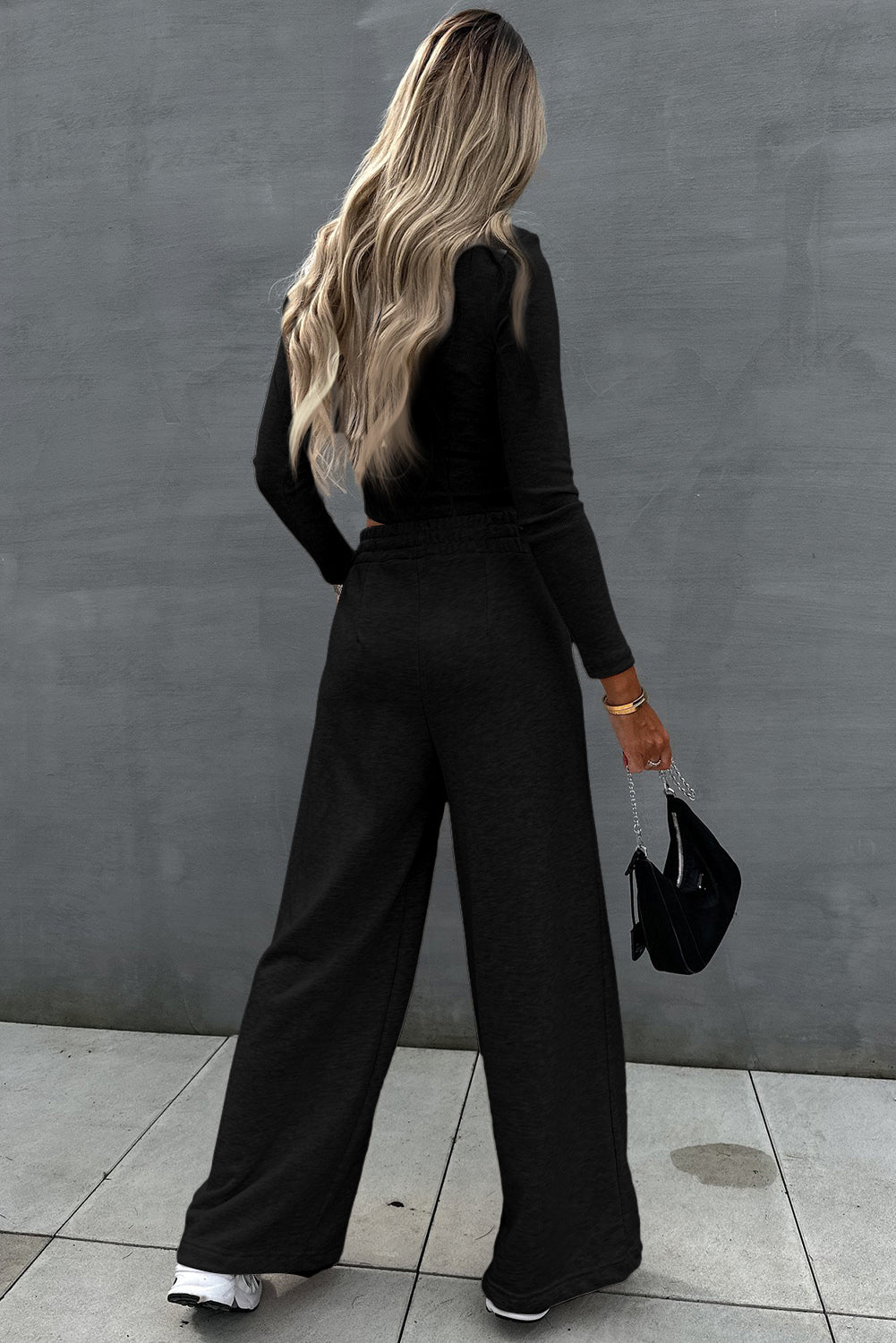 Black Long Sleeve Crop Top And Wide Leg Pants Set - Kustom Kreations Goods