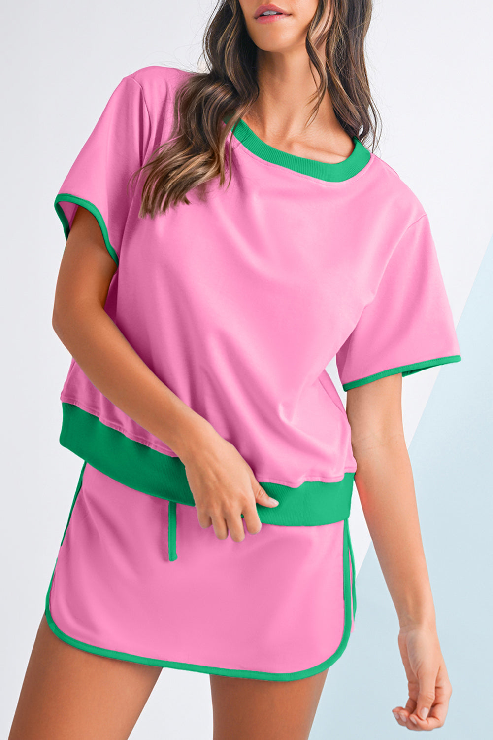 Turquoise Colorblock Edge Drop Shoulder T Shirt and Skort Set