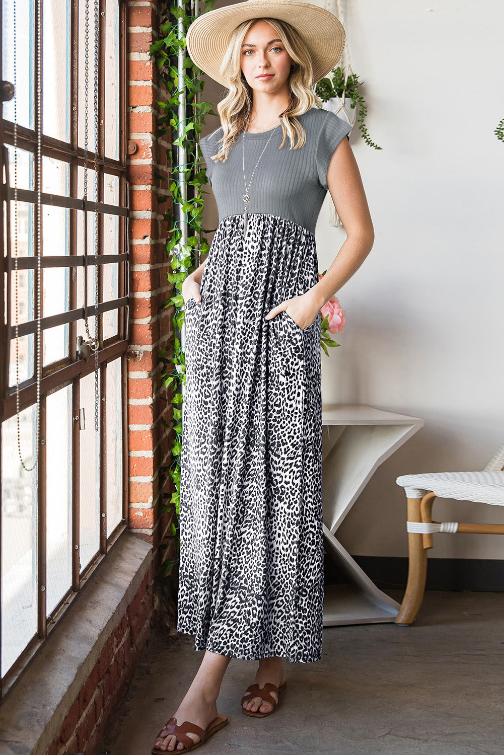 Black Leopard Print Casual Cap Sleeve Pocket Dress