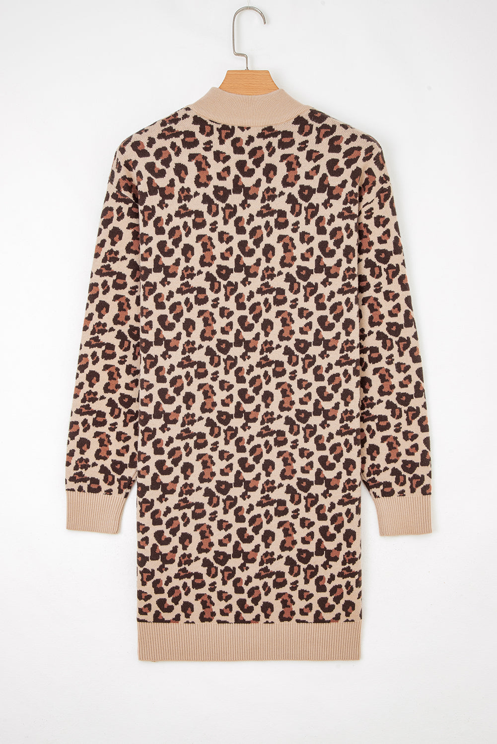 Khaki Leopard Print High Neck Shift Mini Sweater Dress - Kustom Kreations Goods