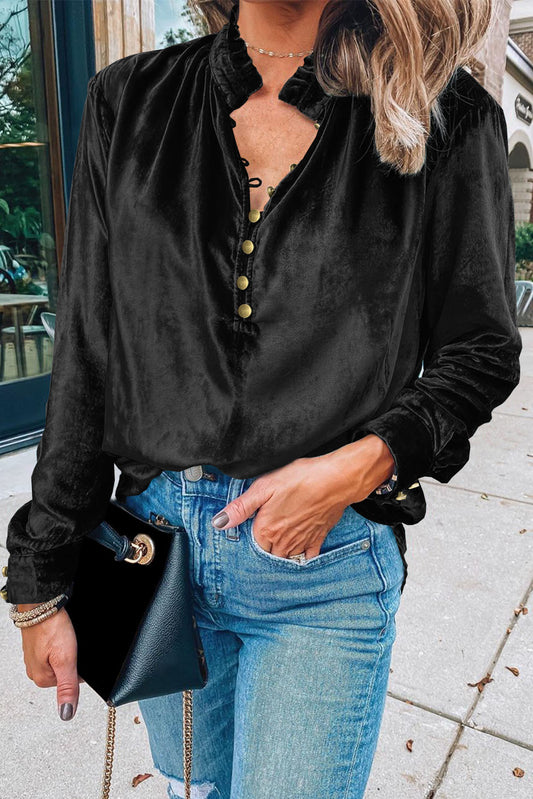 Black Frilled Neck Buttoned Front Velvet Top - Kustom Kreations Goods