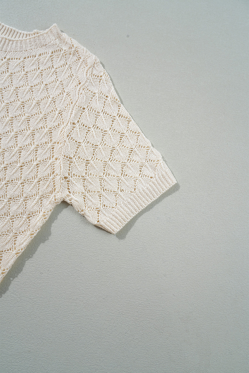 Beige Hollow Out Crochet Short Sleeve Knit Tee