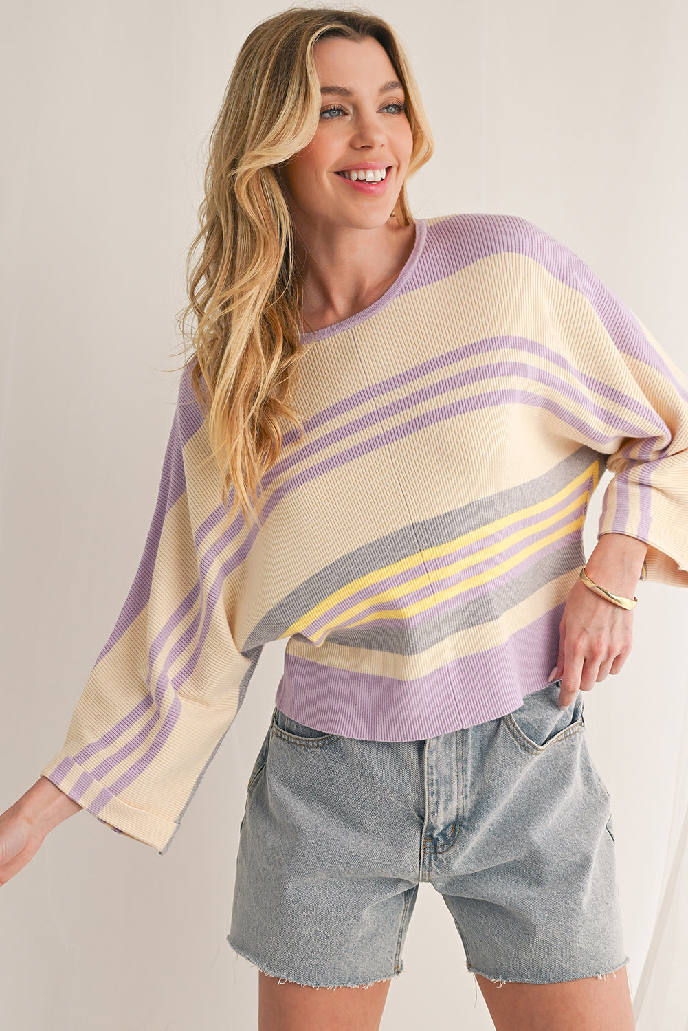 Purple Striped Rib-Knit Cropped Top