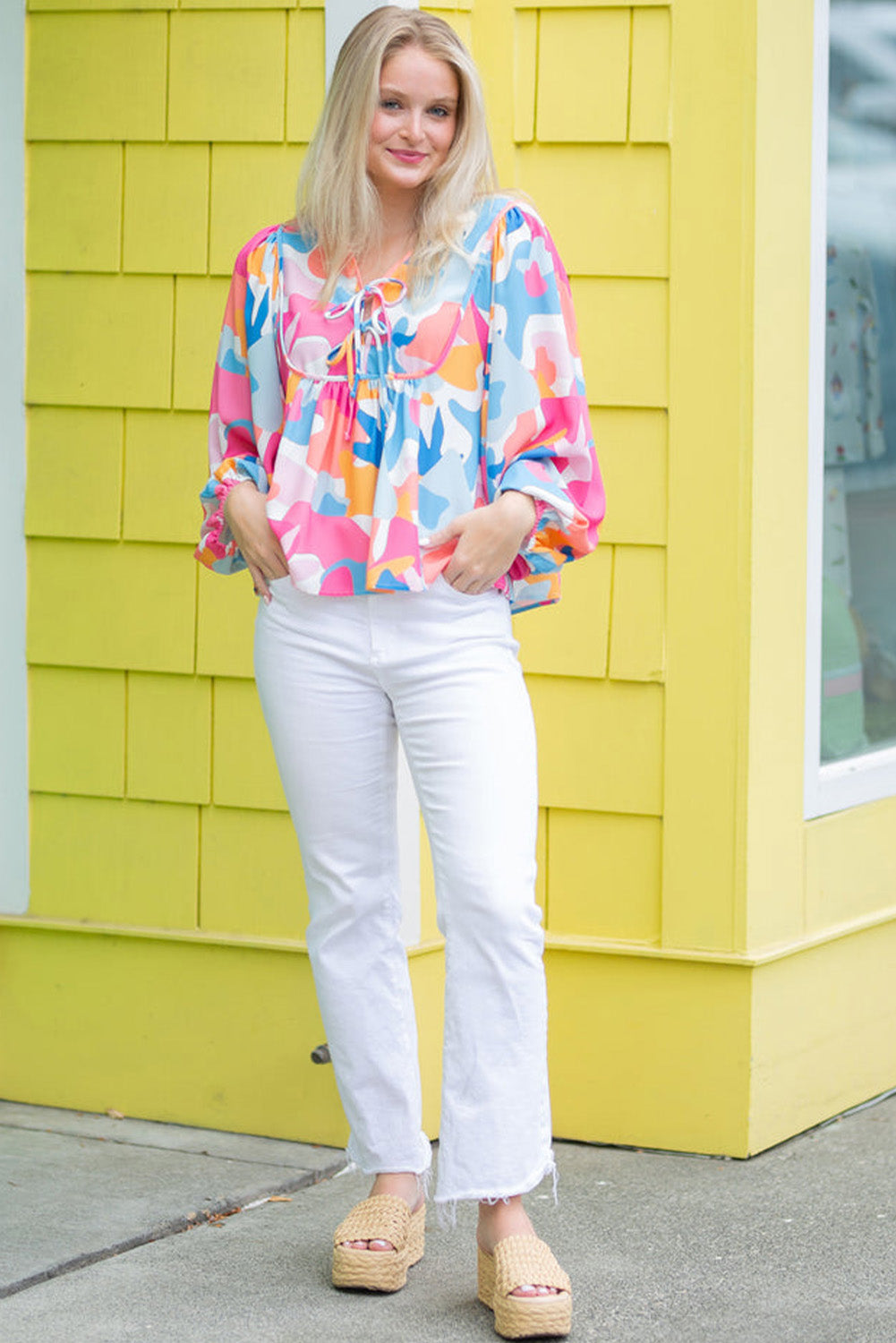 Multicolour Abstract Print V Neck Knot Blouse