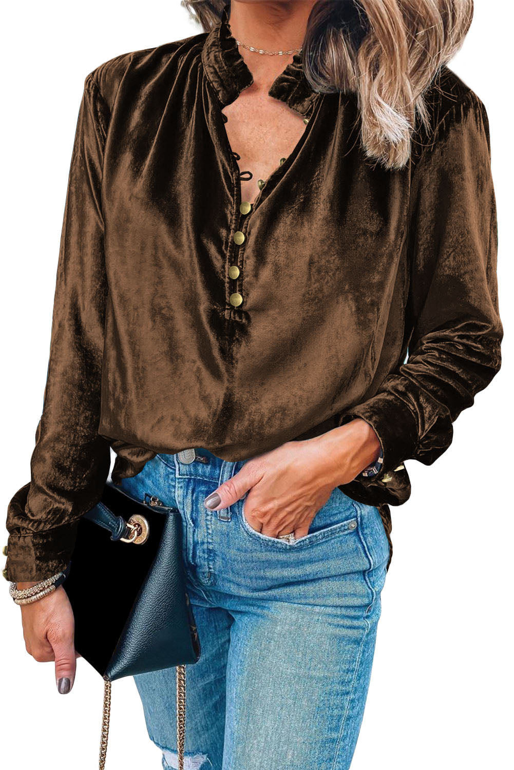 Black Frilled Neck Buttoned Front Velvet Top - Kustom Kreations Goods