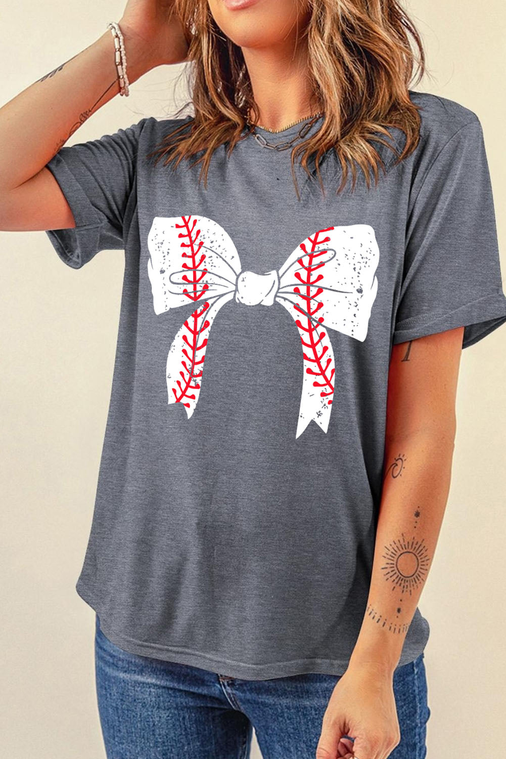 Black Baseball Bowknot Graphic Roll Up Sleeve Tee - Kustom Kreations Goods