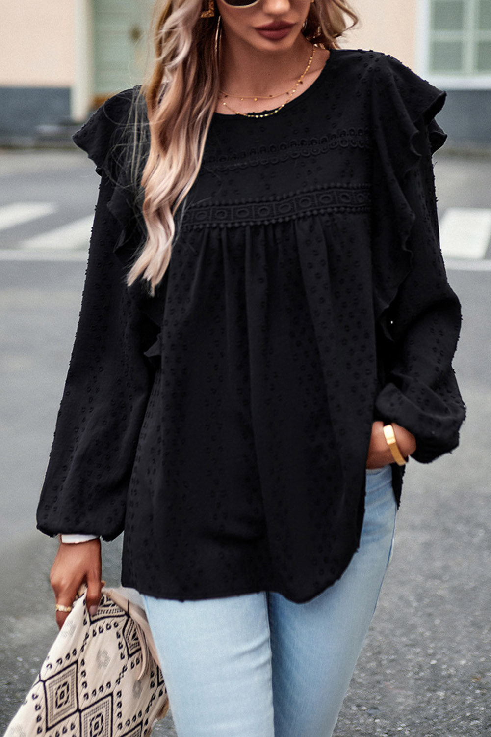 Black Swiss Dot Ruffle Shoulder Long Sleeve Blouse