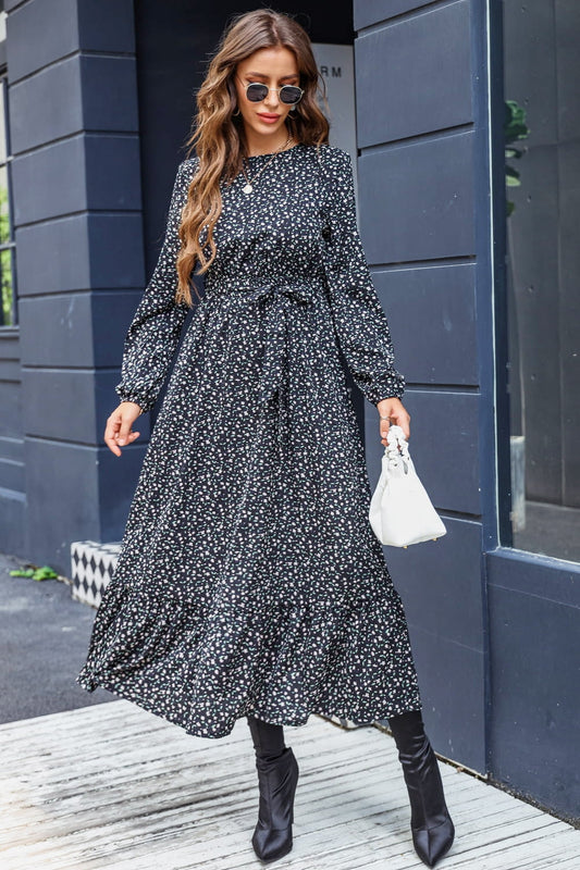 Printed Round Neck Long Sleeve Midi Dress