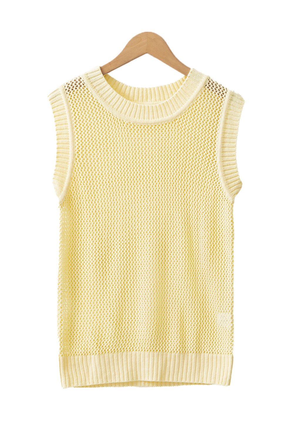 Yellow Solid Color Hollowed Knit Round Neck Sweater Vest