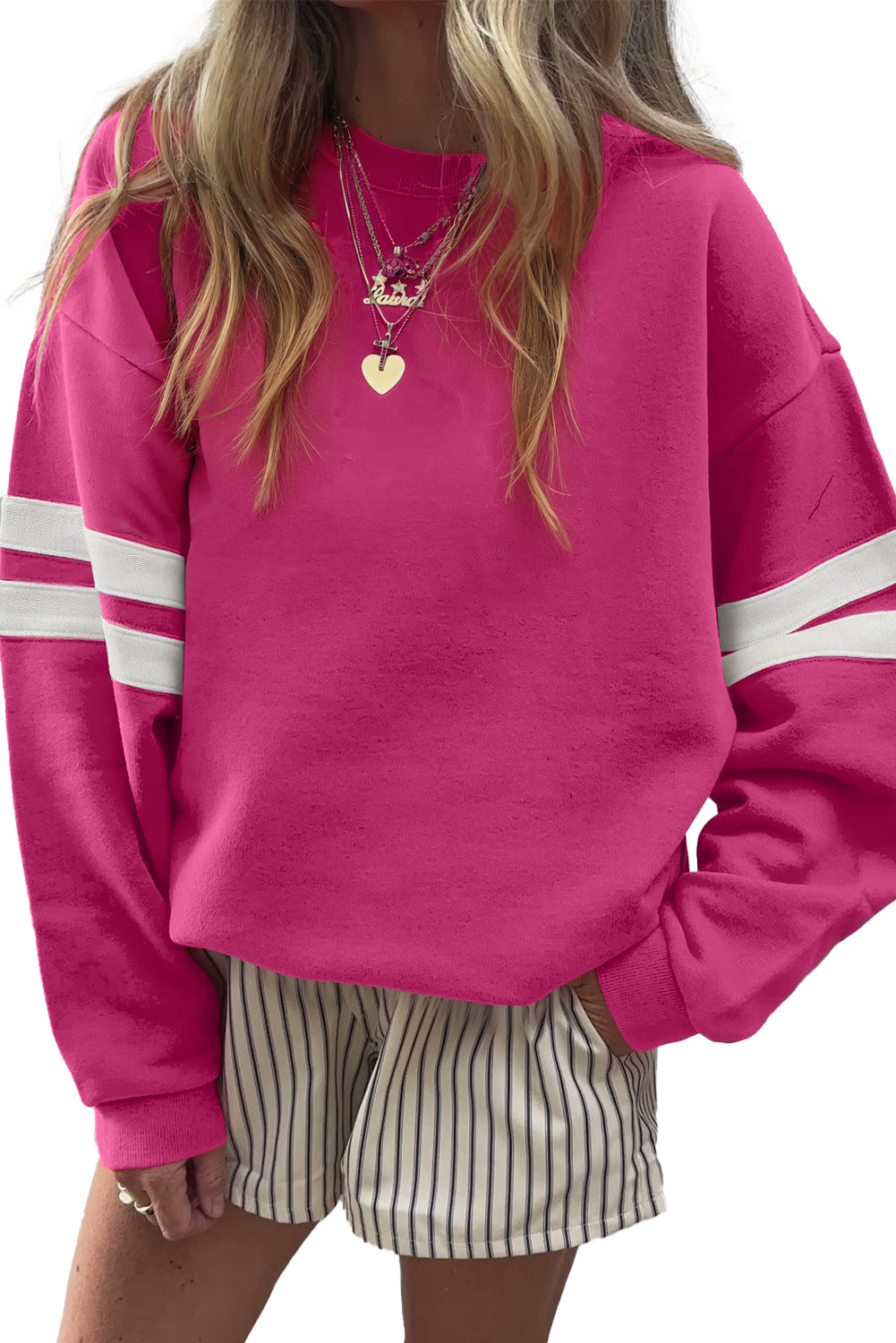 Fiery Red Preppy Striped Sleeve Loose Sweatshirt